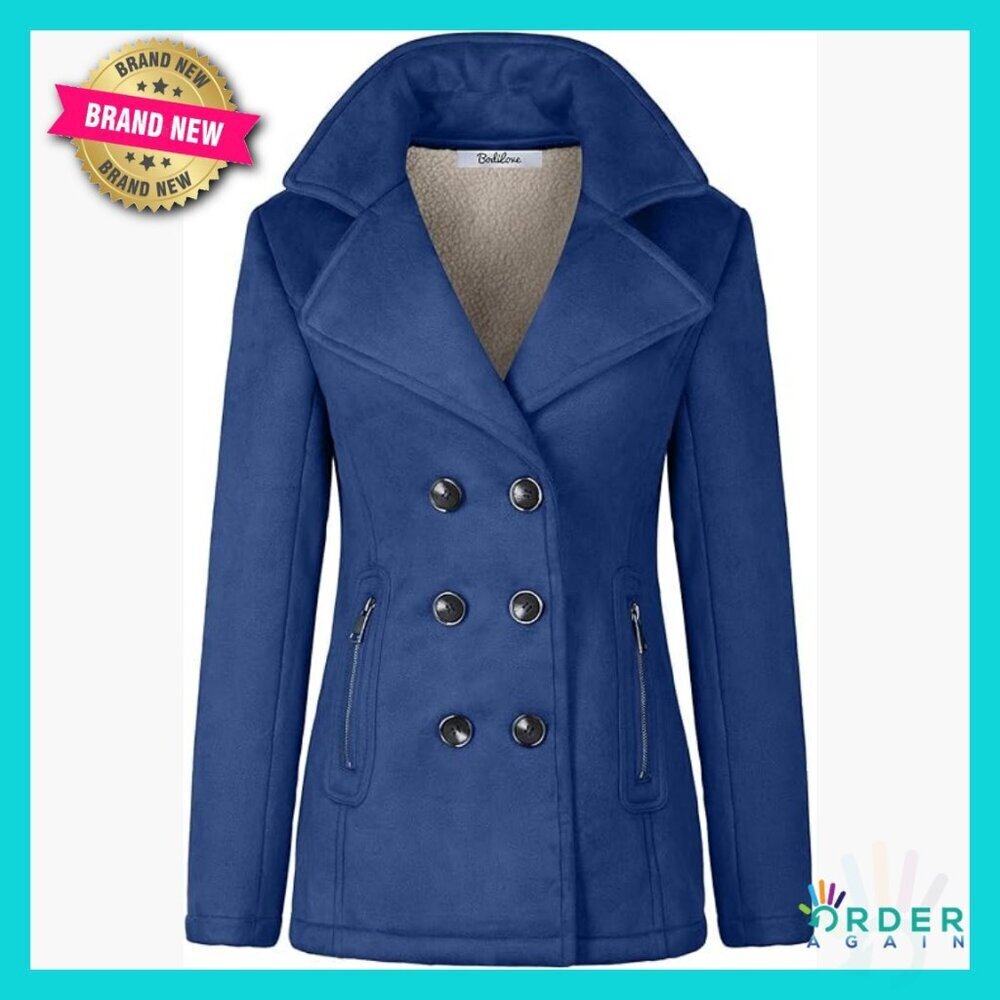 Fitted Pea Coat Classic Double Breasted Sherpa Lined Winter Jacket Chic